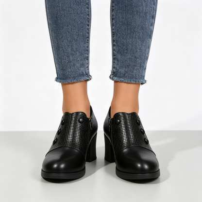 Elegant Women’s Chunky Block Heel Shootie Shoes, Retro Textured Faux Leather Button‑Accent Closed‑Toe Business Casual Footwear