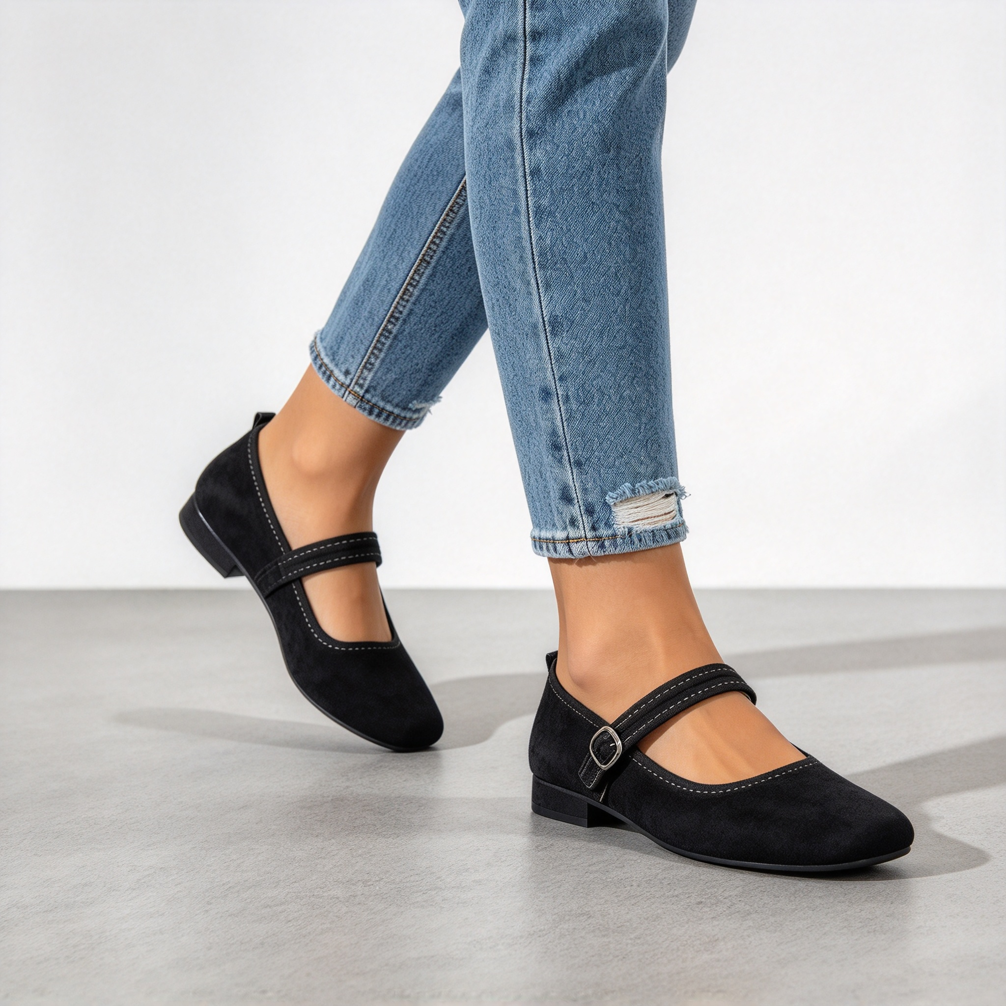 Women’s Soft Suede Mary Jane Flat Shoes, Elegant Square Toe with Adjustable Buckle Strap