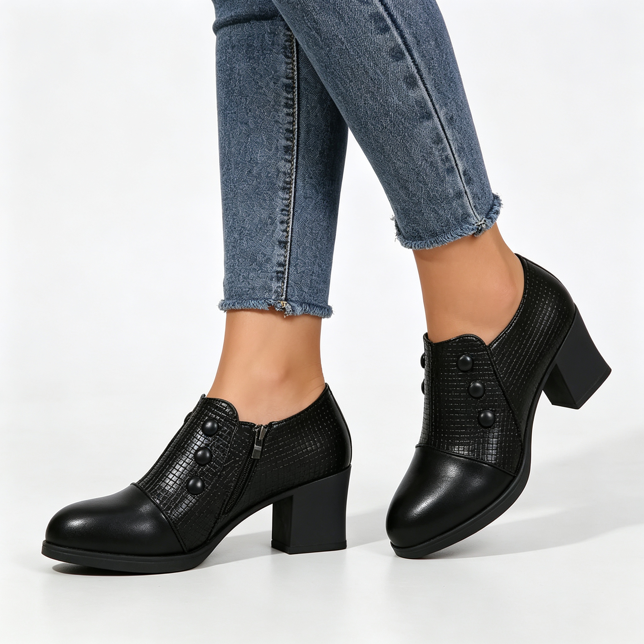Elegant Women’s Chunky Block Heel Shootie Shoes, Retro Textured Faux Leather Button‑Accent Closed‑Toe Business Casual Footwear