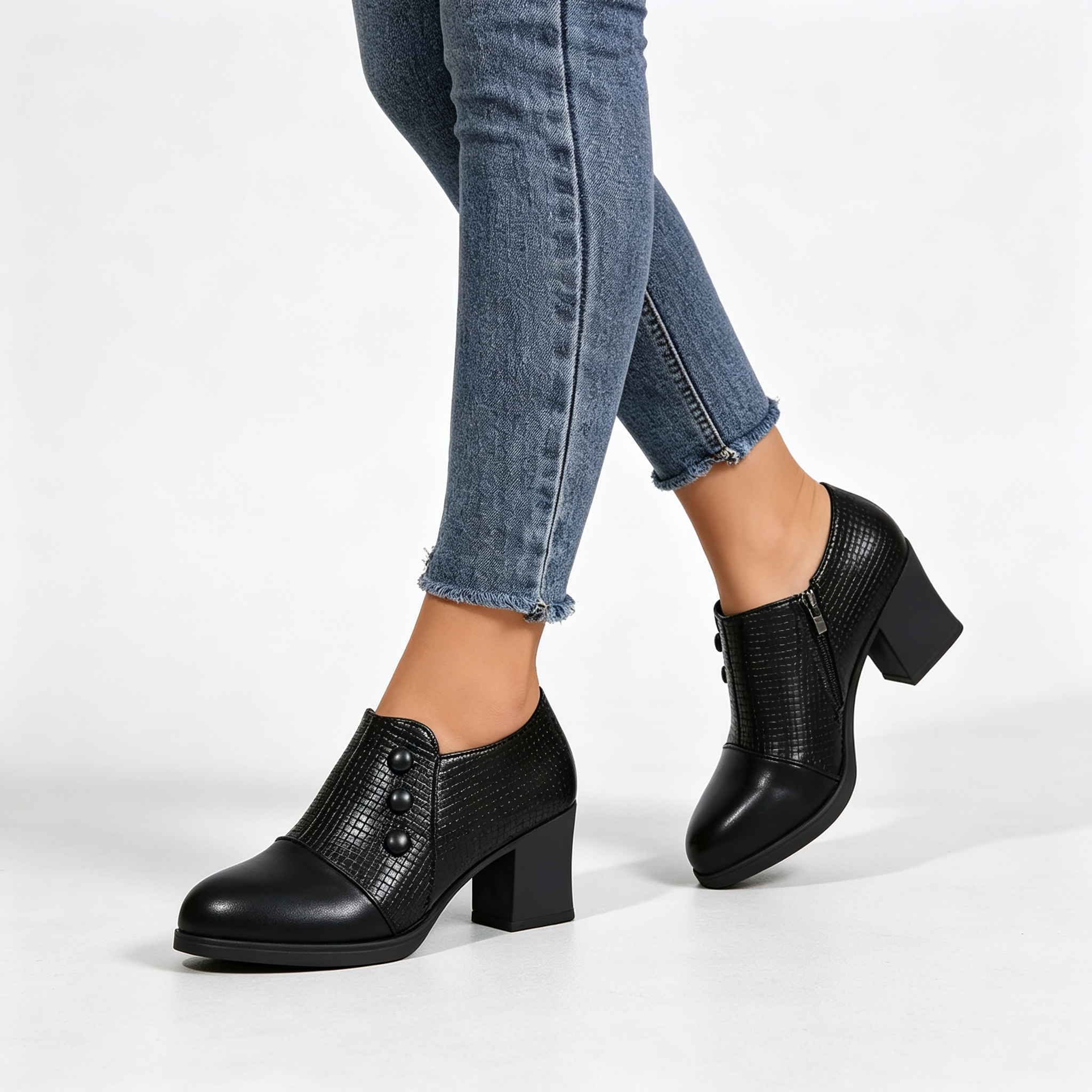 Elegant Women’s Chunky Block Heel Shootie Shoes, Retro Textured Faux Leather Button‑Accent Closed‑Toe Business Casual Footwear