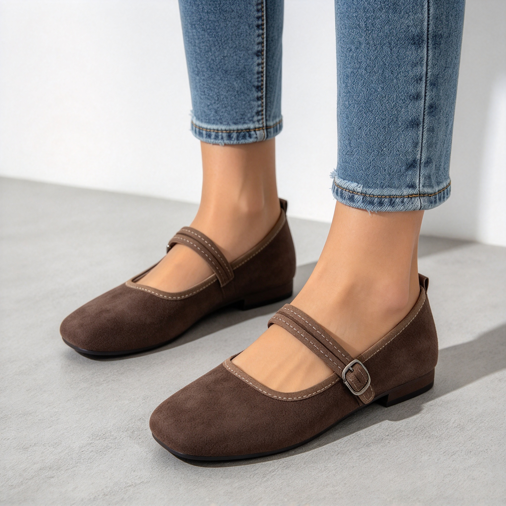 Women’s Soft Suede Mary Jane Flat Shoes, Elegant Square Toe with Adjustable Buckle Strap