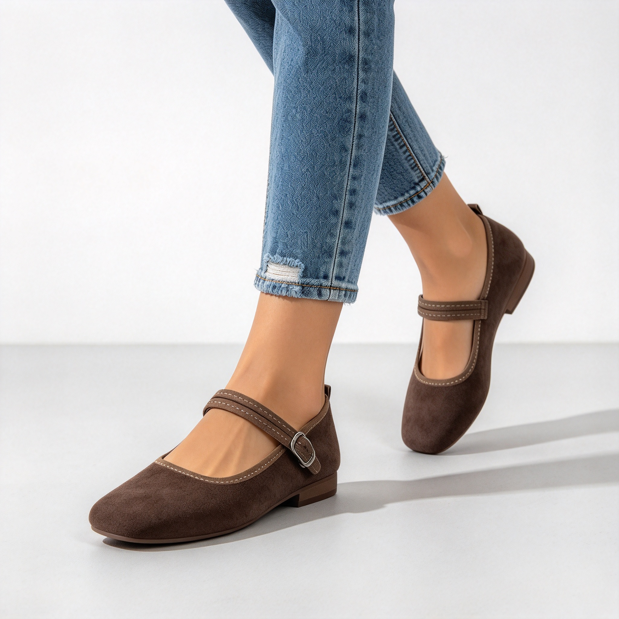 Women’s Soft Suede Mary Jane Flat Shoes, Elegant Square Toe with Adjustable Buckle Strap