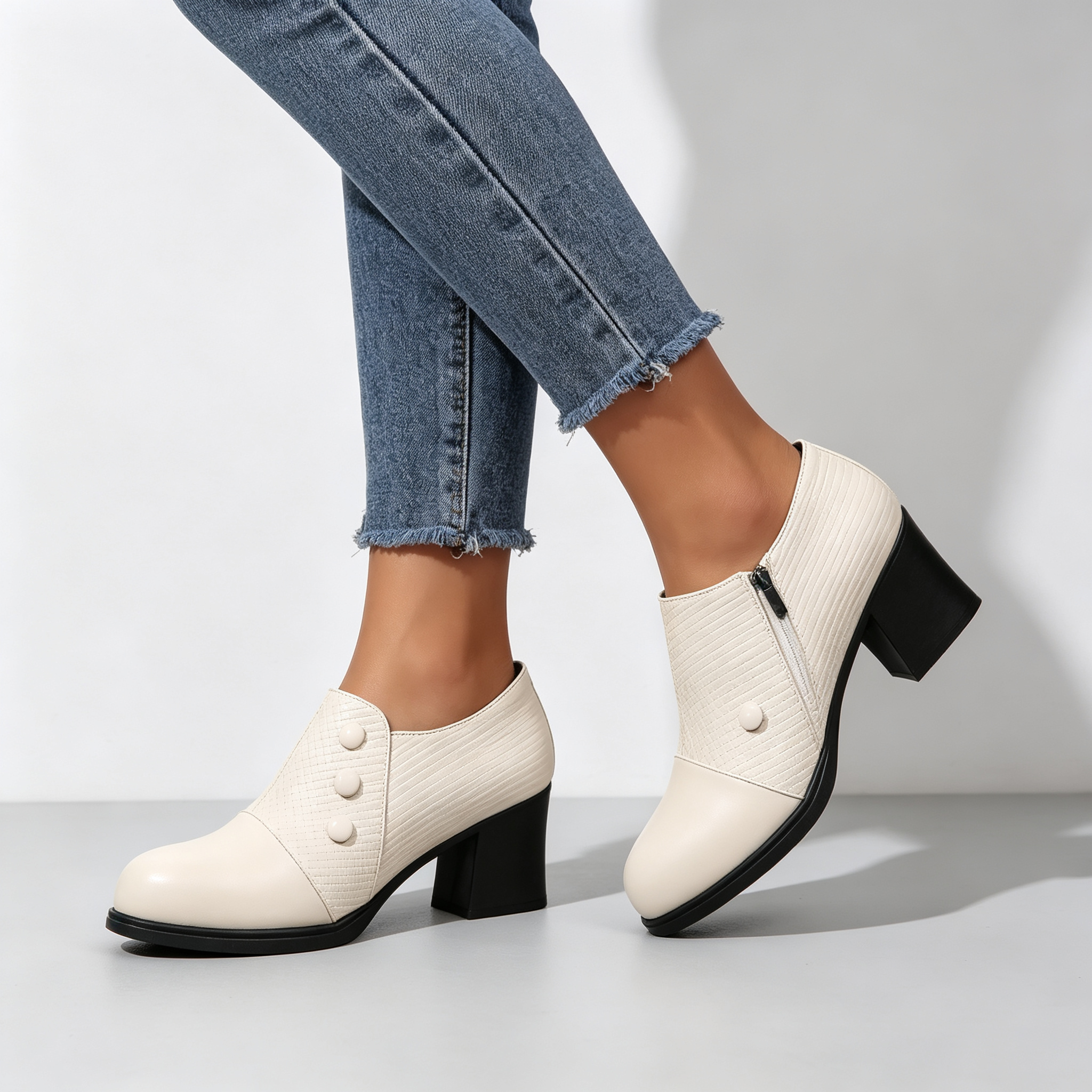 Elegant Women’s Chunky Block Heel Shootie Shoes, Retro Textured Faux Leather Button‑Accent Closed‑Toe Business Casual Footwear