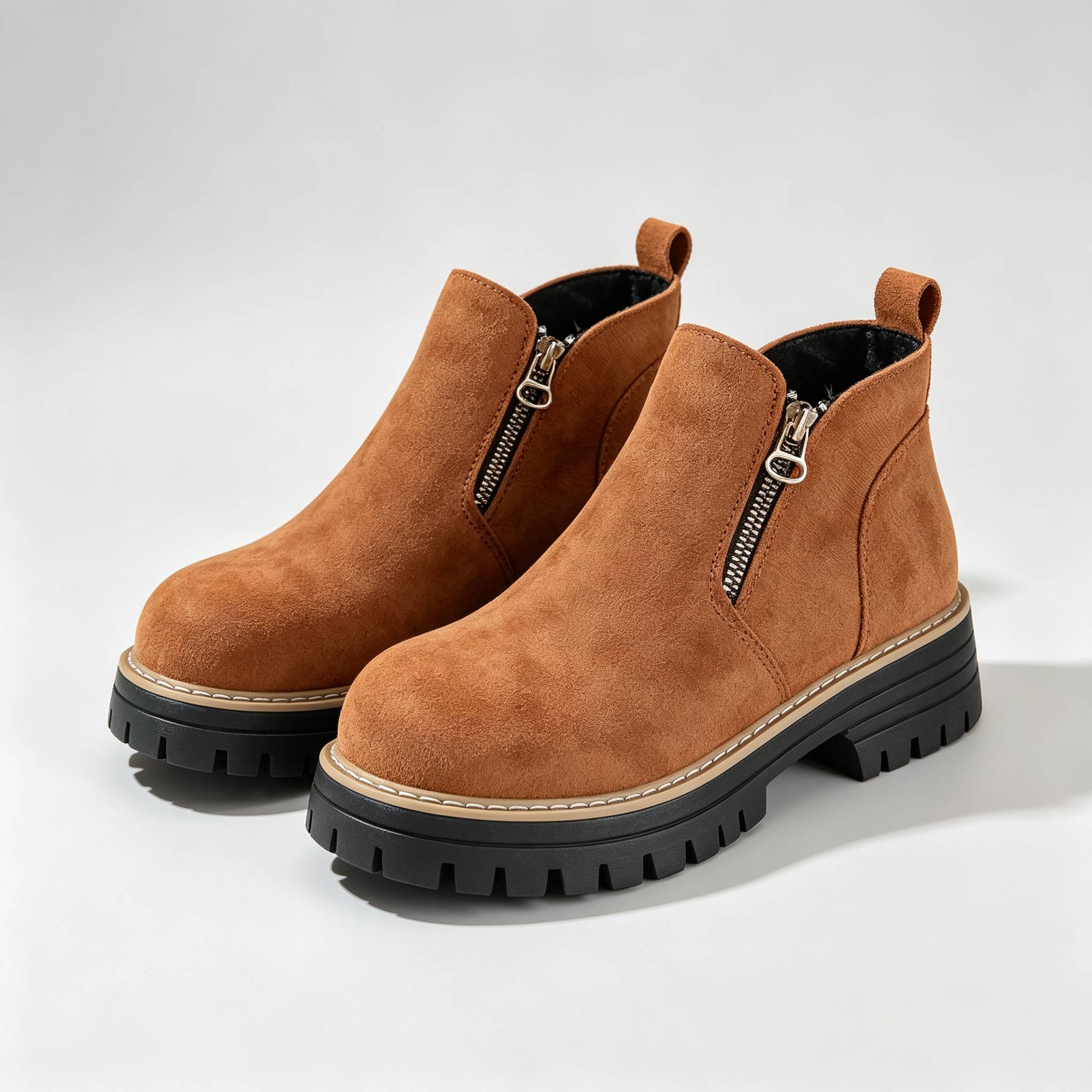 Minimalist Suede Side Zip Ankle Boots for Women | Beige Chunky Platform Sole Casual Short Boots