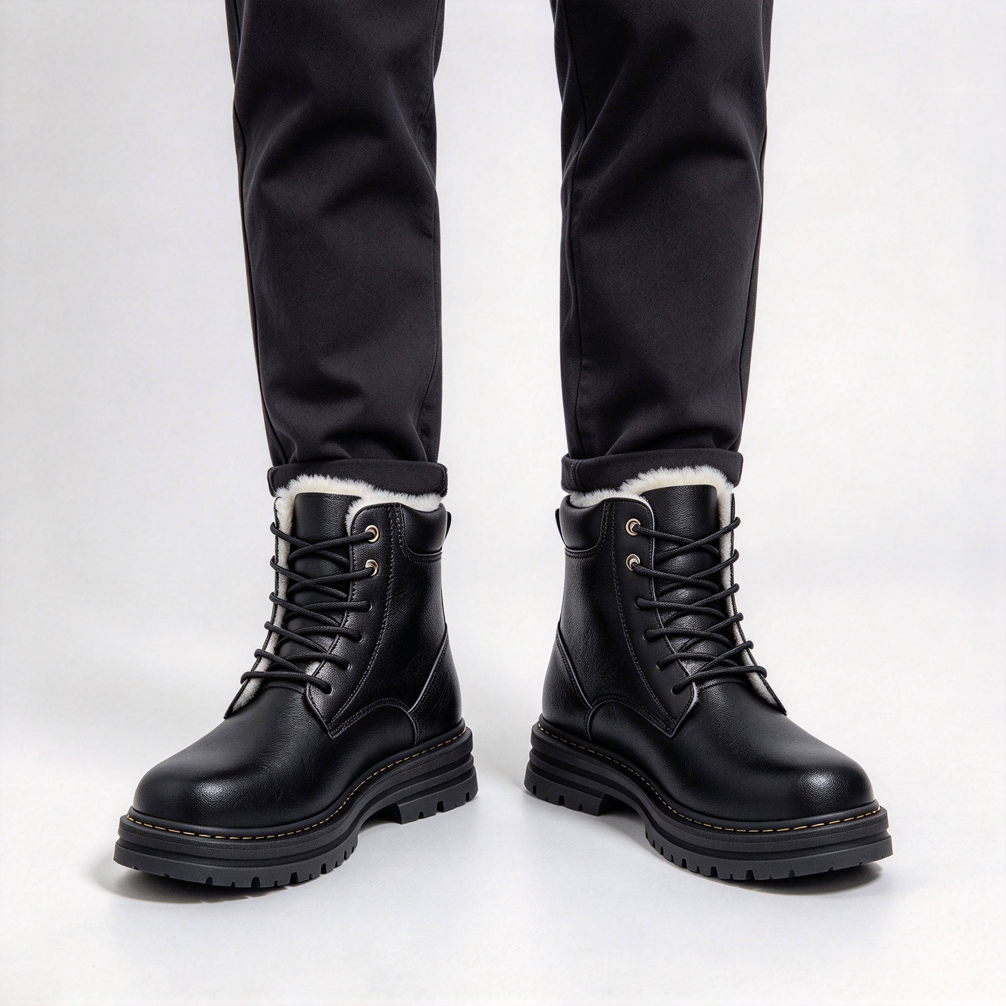Premium Vintage Leather Men’s Winter Boots, Plush Fleece Inside Lace-up Combat Boots