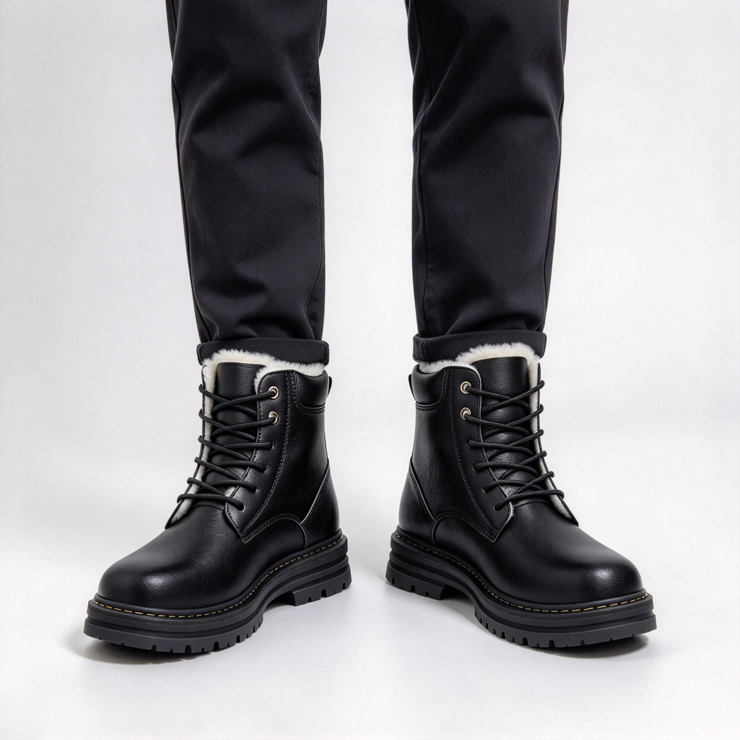 Premium Vintage Leather Men’s Winter Boots, Plush Fleece Inside Lace-up Combat Boots