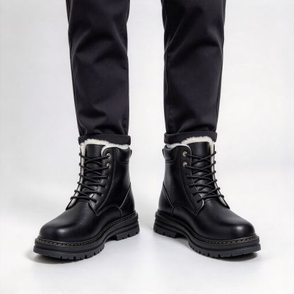 Premium Vintage Leather Men’s Winter Boots, Plush Fleece Inside Lace-up Combat Boots