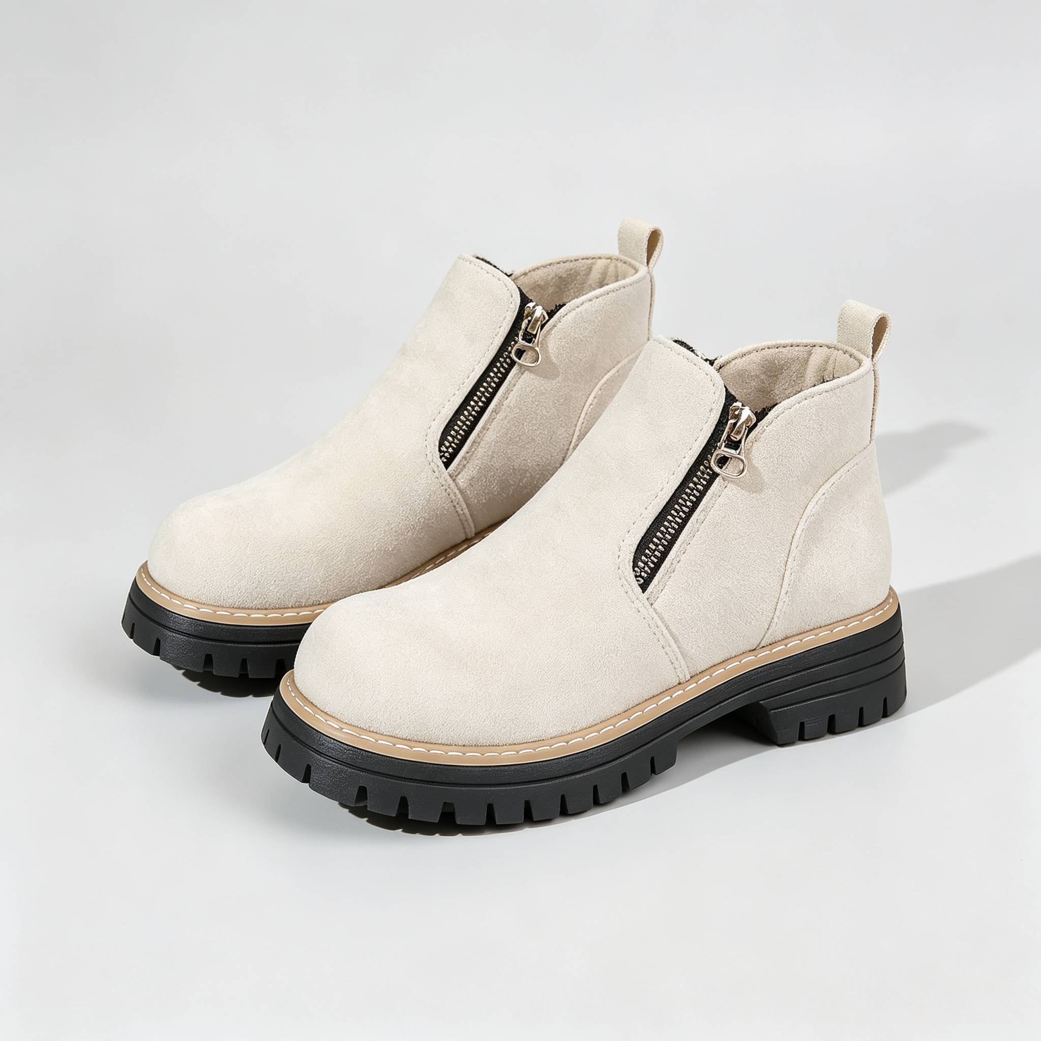 Minimalist Suede Side Zip Ankle Boots for Women | Beige Chunky Platform Sole Casual Short Boots