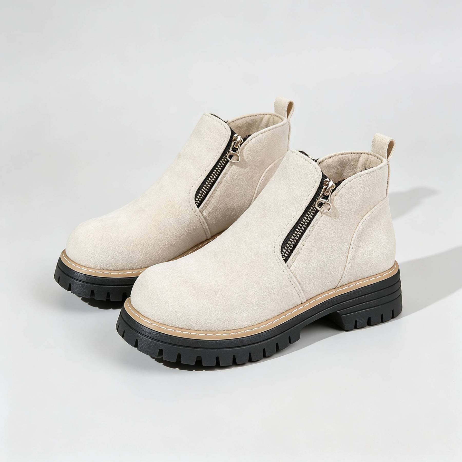 Minimalist Suede Side Zip Ankle Boots for Women | Beige Chunky Platform Sole Casual Short Boots