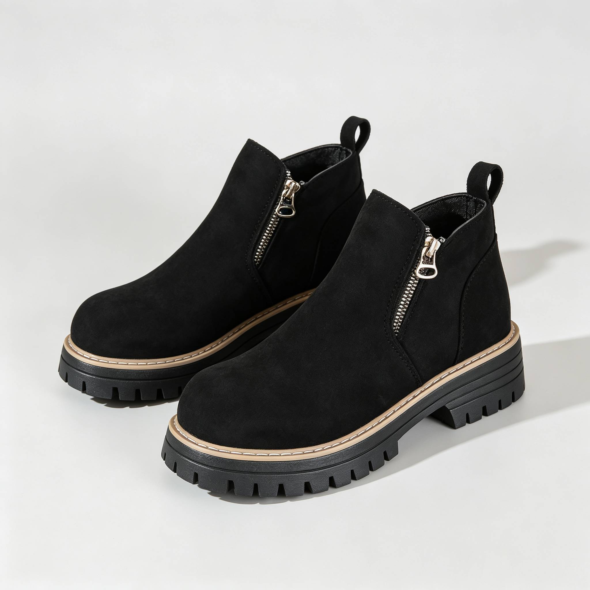 Minimalist Suede Side Zip Ankle Boots for Women | Beige Chunky Platform Sole Casual Short Boots