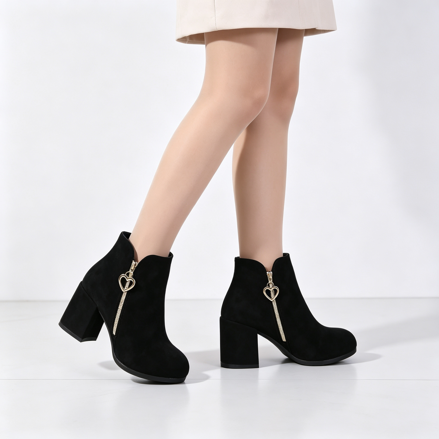 Elegant Side Zip Short Boots with Heart‑Shaped Metal Zipper Pull