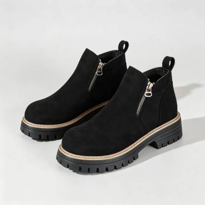 Minimalist Suede Side Zip Ankle Boots for Women | Beige Chunky Platform Sole Casual Short Boots
