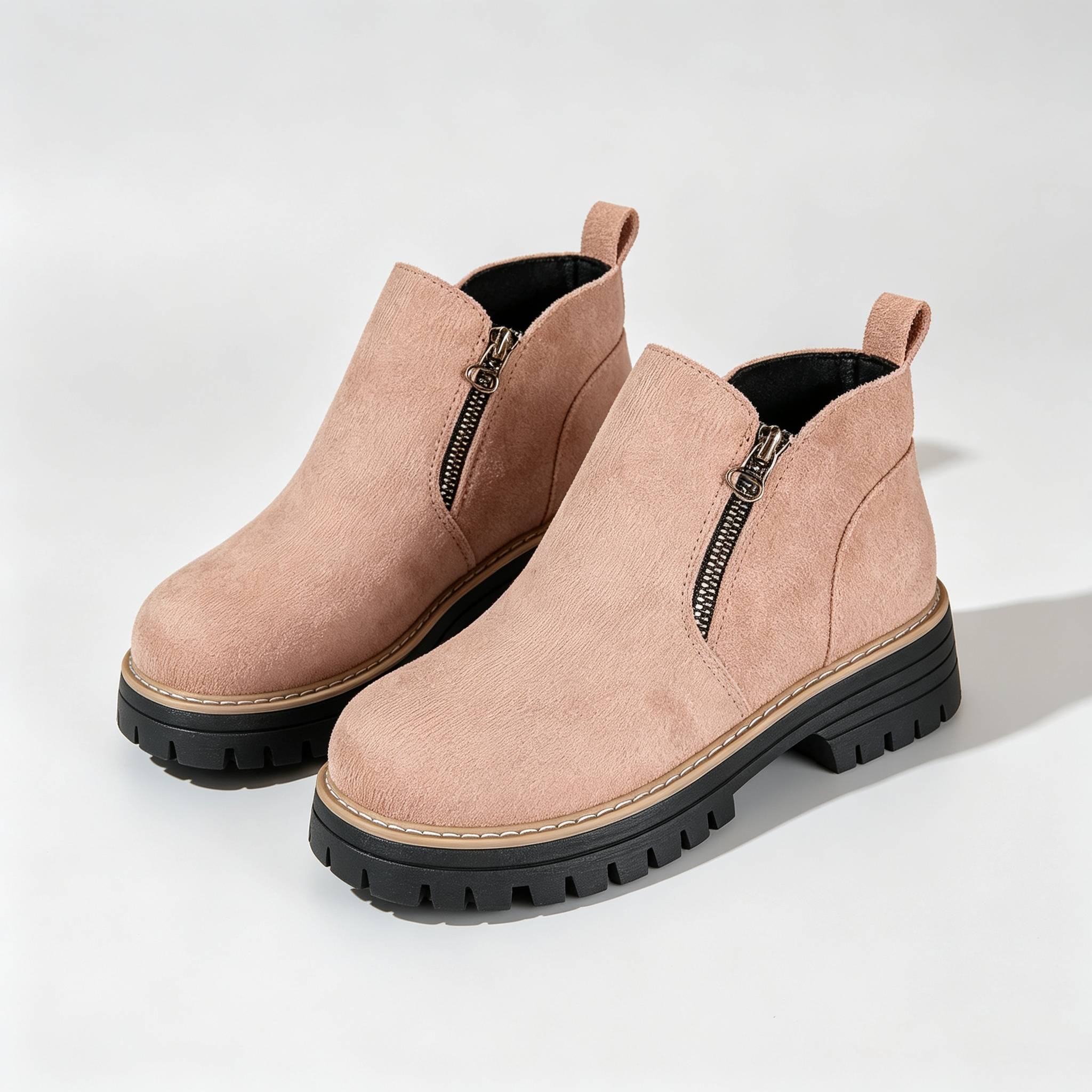 Minimalist Suede Side Zip Ankle Boots for Women | Beige Chunky Platform Sole Casual Short Boots