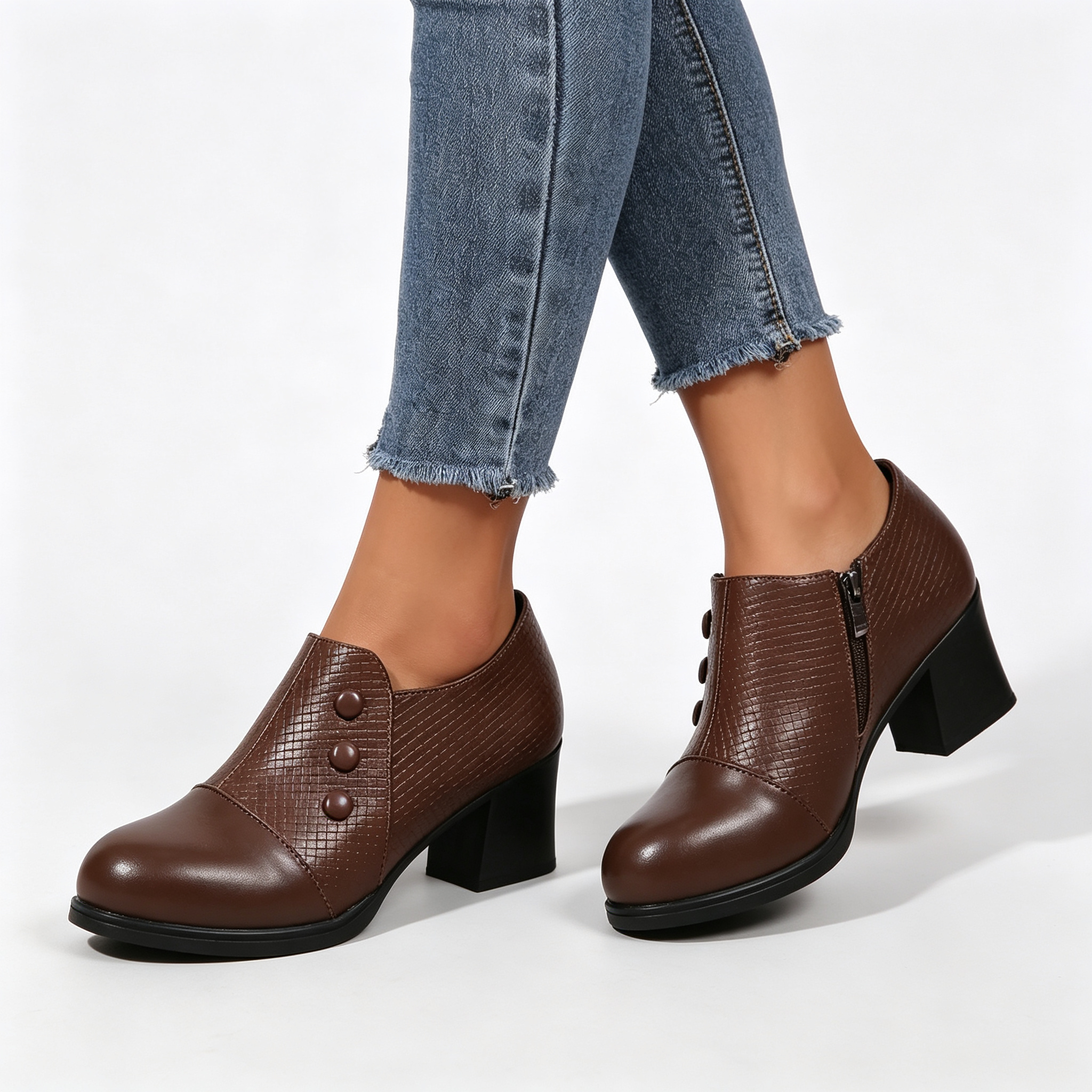 Elegant Women’s Chunky Block Heel Shootie Shoes, Retro Textured Faux Leather Button‑Accent Closed‑Toe Business Casual Footwear