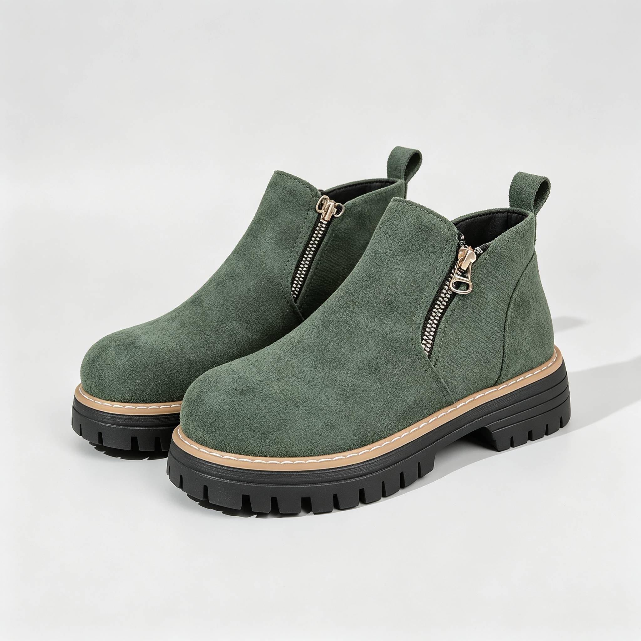 Minimalist Suede Side Zip Ankle Boots for Women | Beige Chunky Platform Sole Casual Short Boots