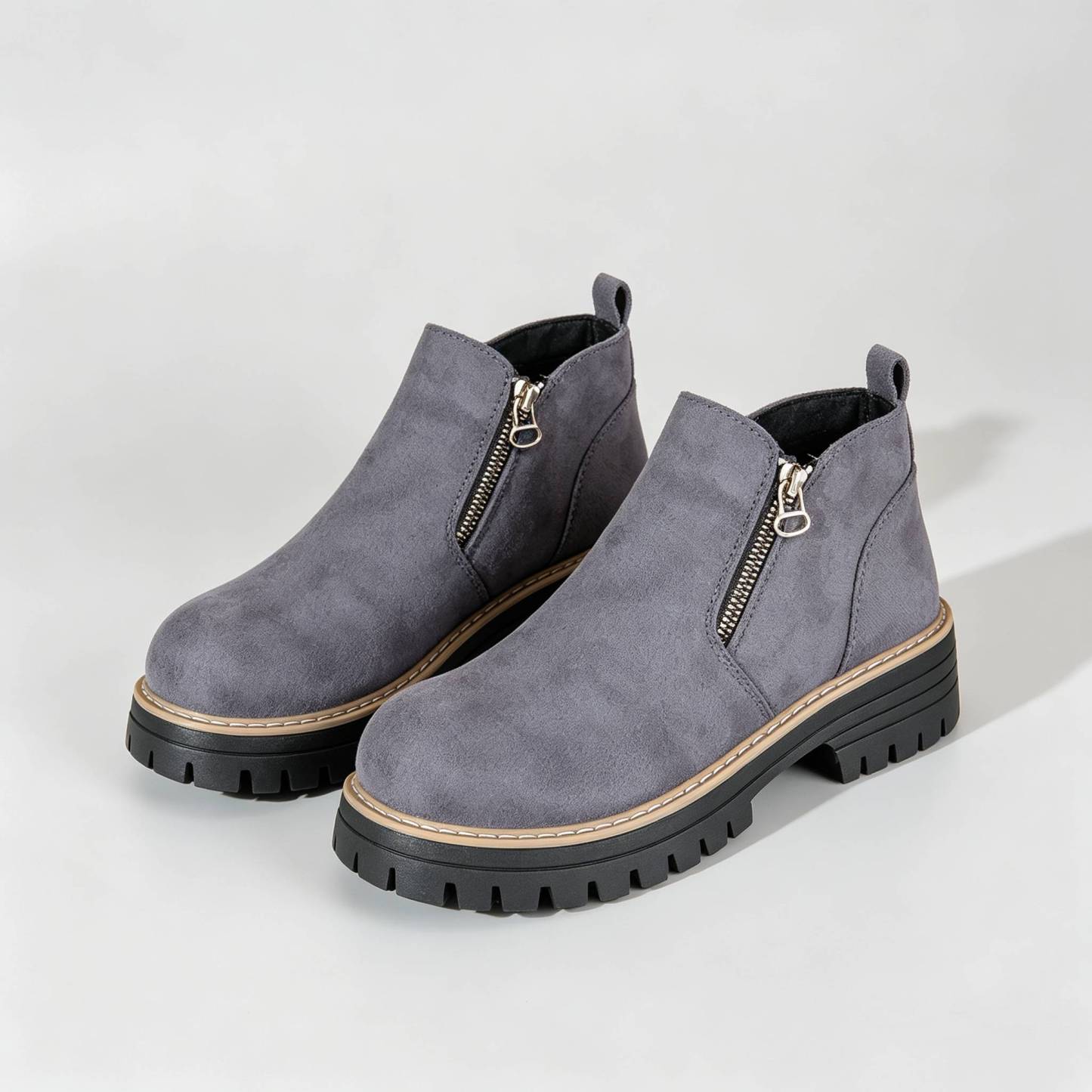 Minimalist Suede Side Zip Ankle Boots for Women | Beige Chunky Platform Sole Casual Short Boots