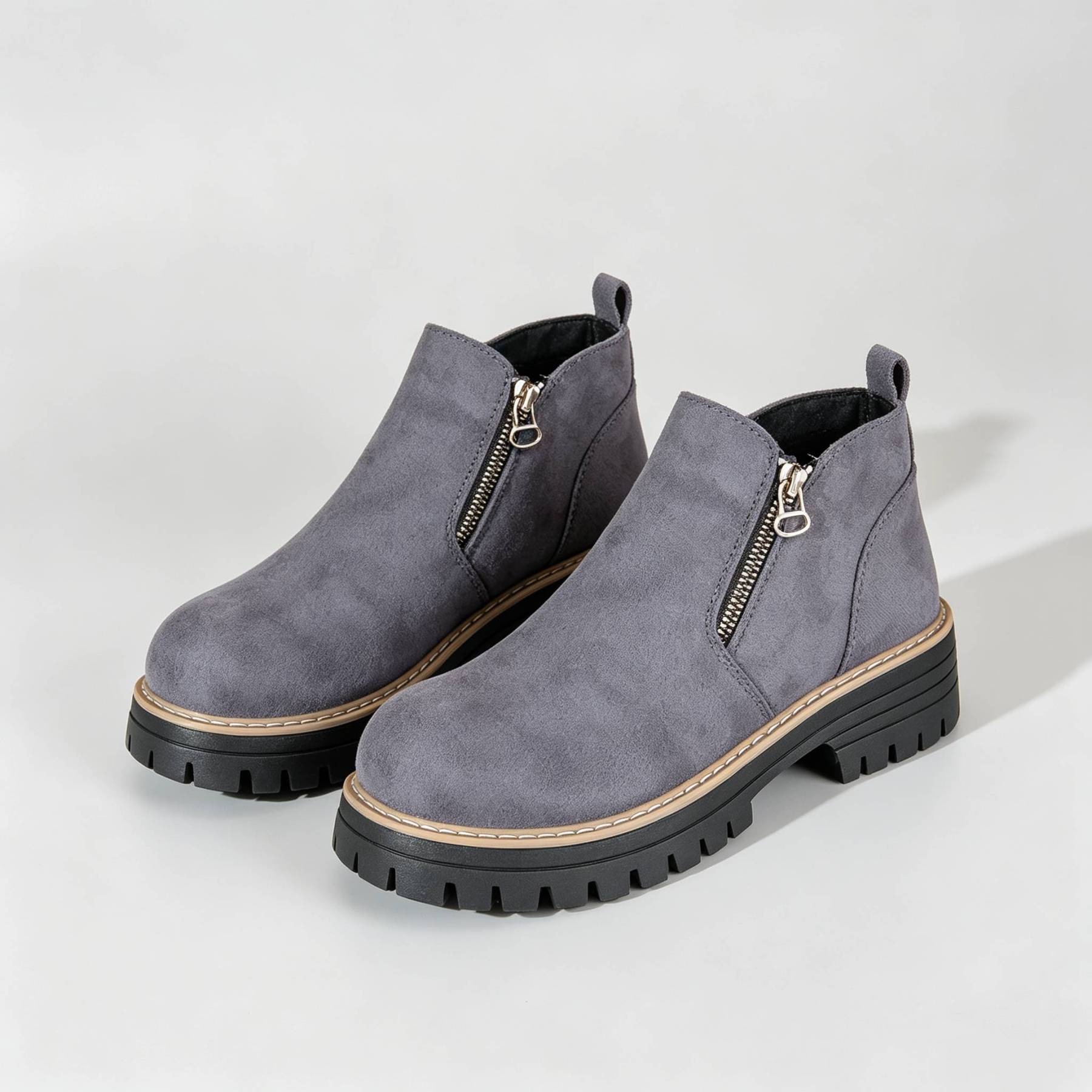 Minimalist Suede Side Zip Ankle Boots for Women | Beige Chunky Platform Sole Casual Short Boots
