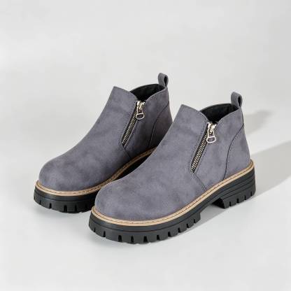 Minimalist Suede Side Zip Ankle Boots for Women | Beige Chunky Platform Sole Casual Short Boots