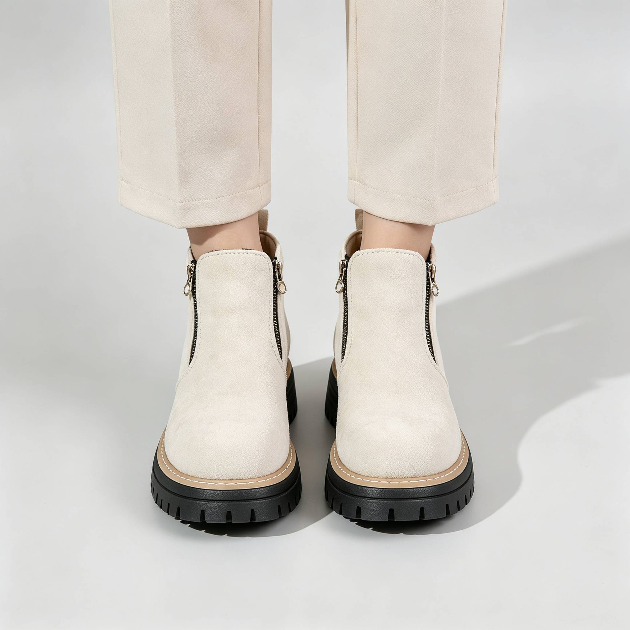 Minimalist Suede Side Zip Ankle Boots for Women | Beige Chunky Platform Sole Casual Short Boots