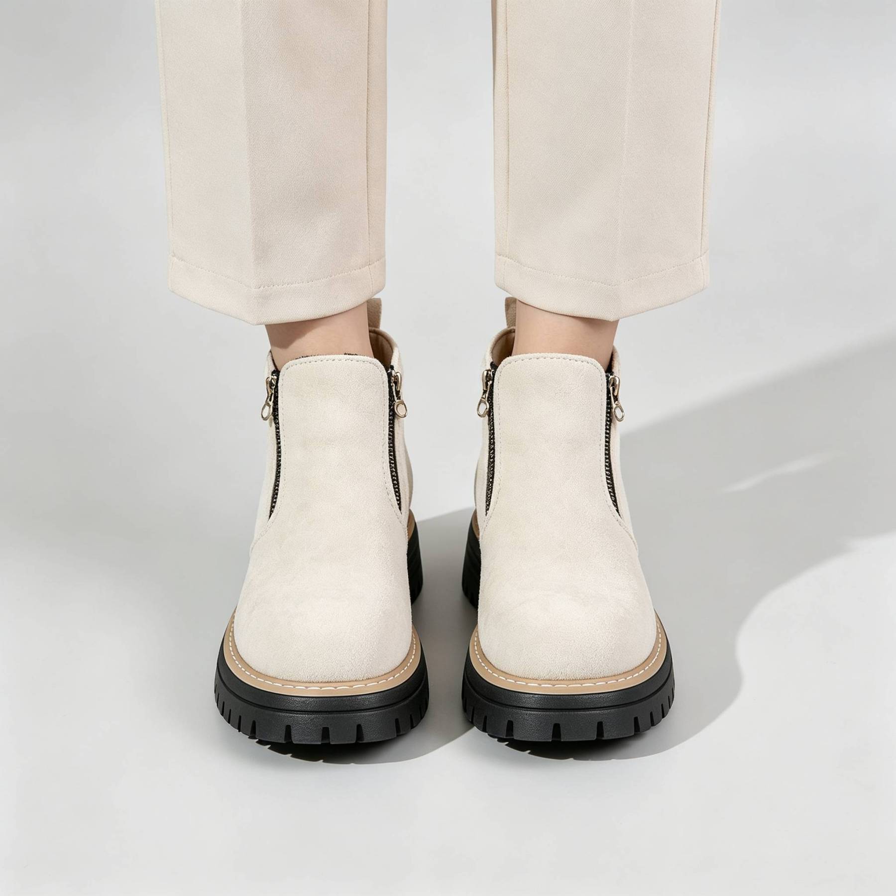 Minimalist Suede Side Zip Ankle Boots for Women | Beige Chunky Platform Sole Casual Short Boots
