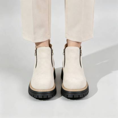 Minimalist Suede Side Zip Ankle Boots for Women | Beige Chunky Platform Sole Casual Short Boots