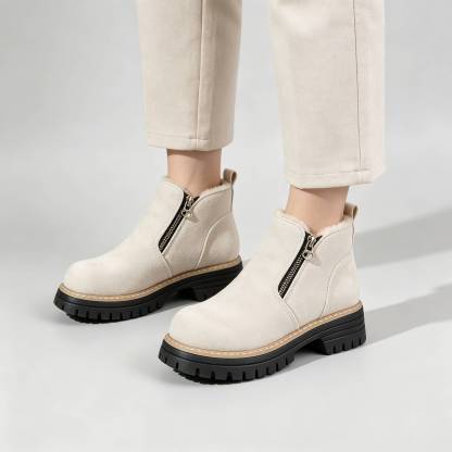 Minimalist Suede Side Zip Ankle Boots for Women | Beige Chunky Platform Sole Casual Short Boots