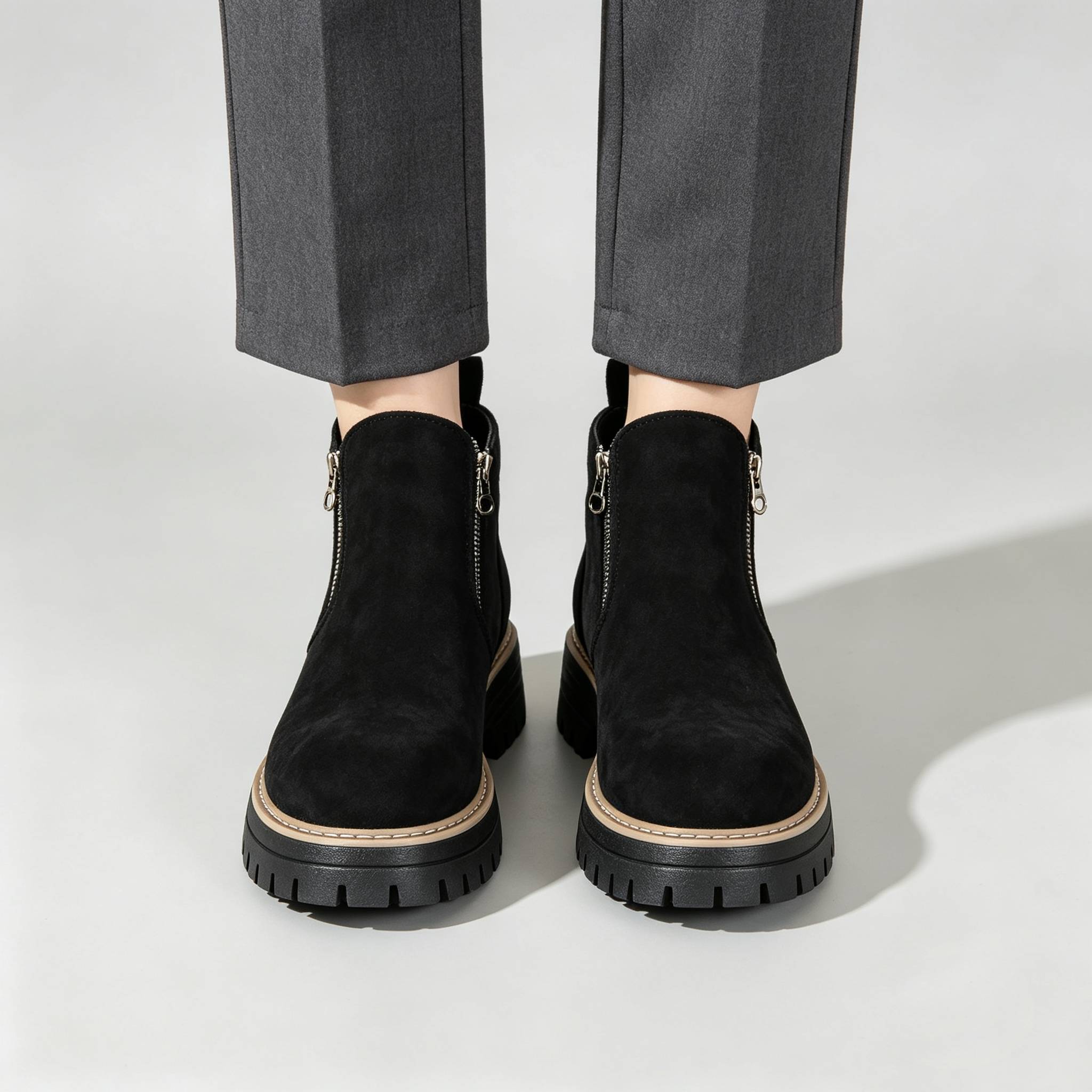 Minimalist Suede Side Zip Ankle Boots for Women | Beige Chunky Platform Sole Casual Short Boots