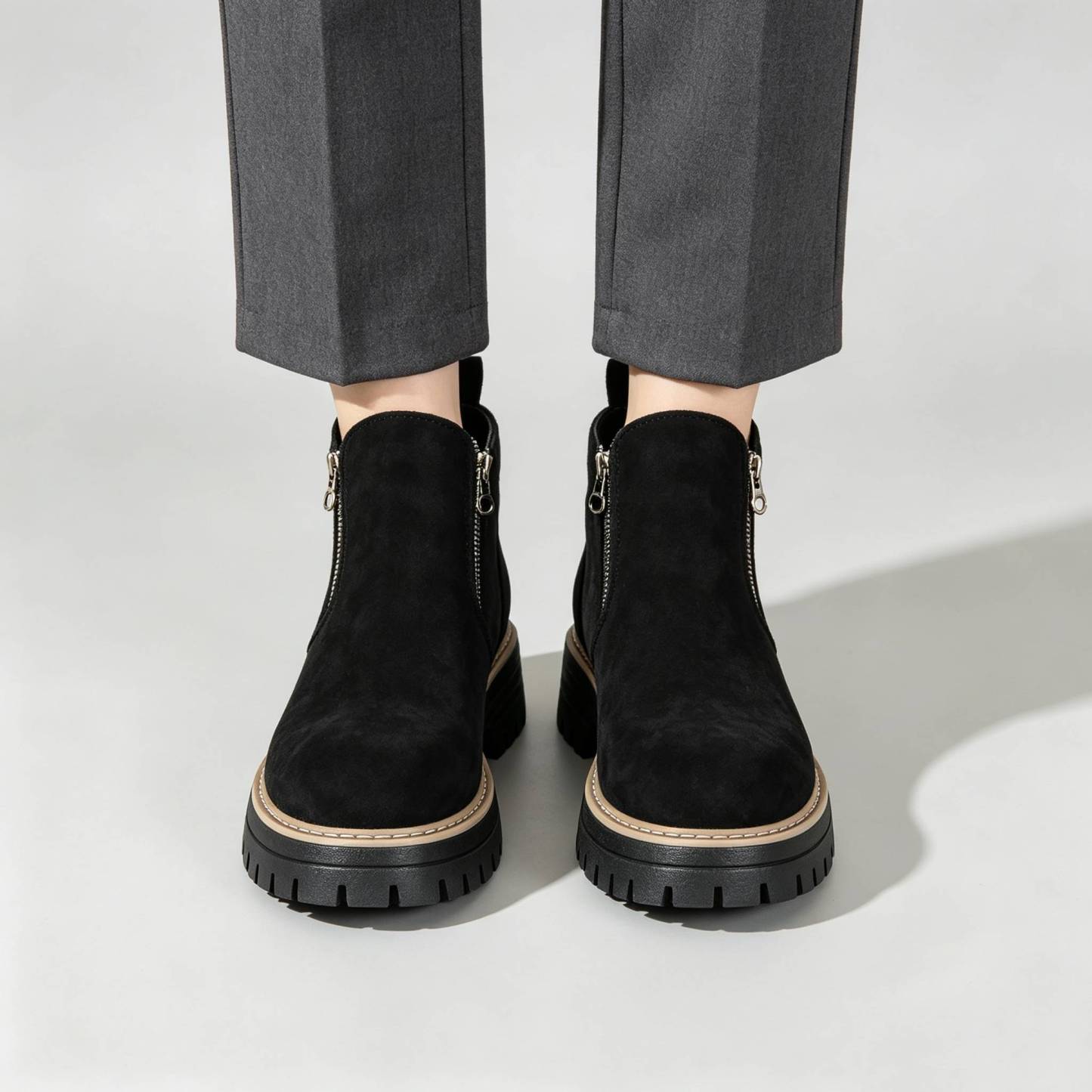 Minimalist Suede Side Zip Ankle Boots for Women | Beige Chunky Platform Sole Casual Short Boots