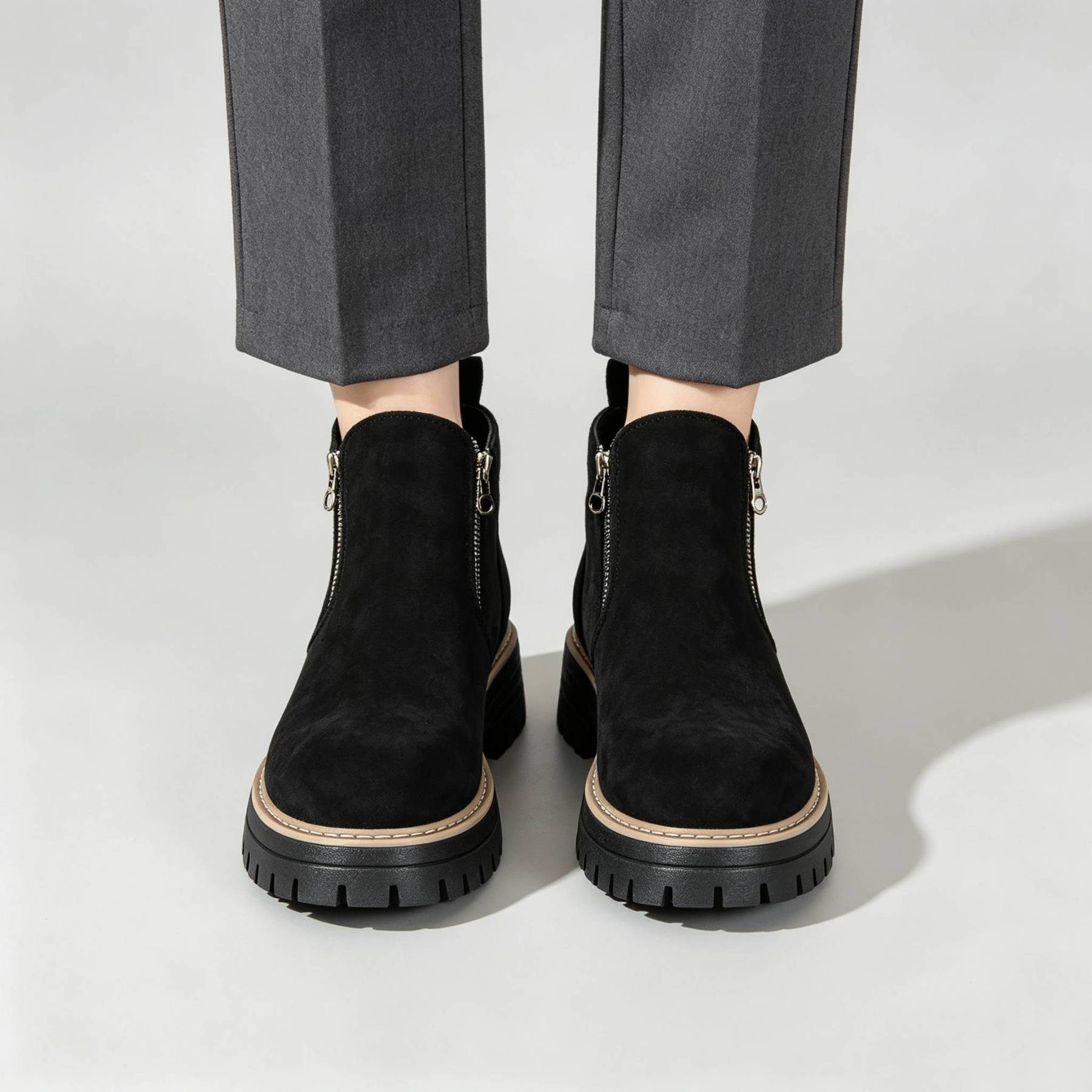 Minimalist Suede Side Zip Ankle Boots for Women | Beige Chunky Platform Sole Casual Short Boots