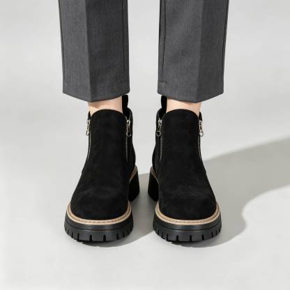 Minimalist Suede Side Zip Ankle Boots for Women | Beige Chunky Platform Sole Casual Short Boots