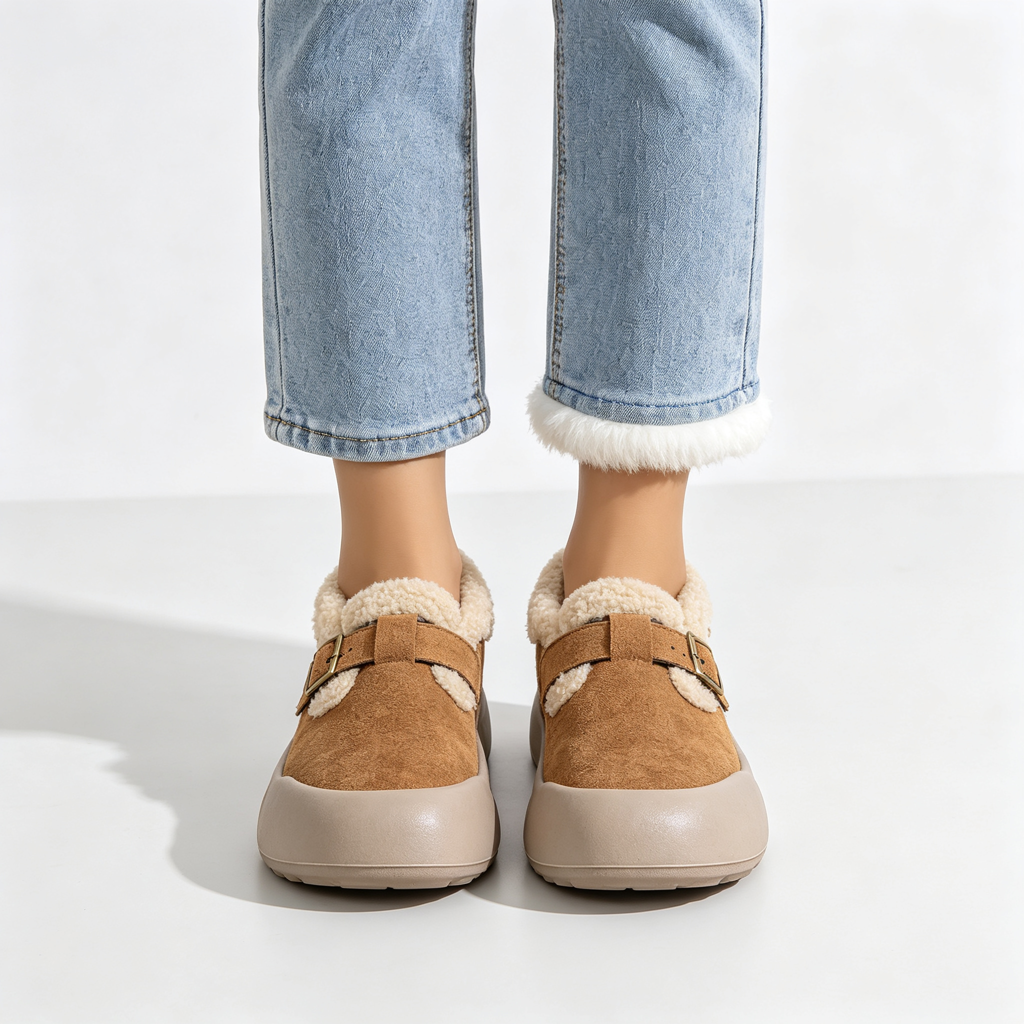 Women’s Fleece Lined Platform Loafers, Buckle Decor Warm Winter Slip On Shoes