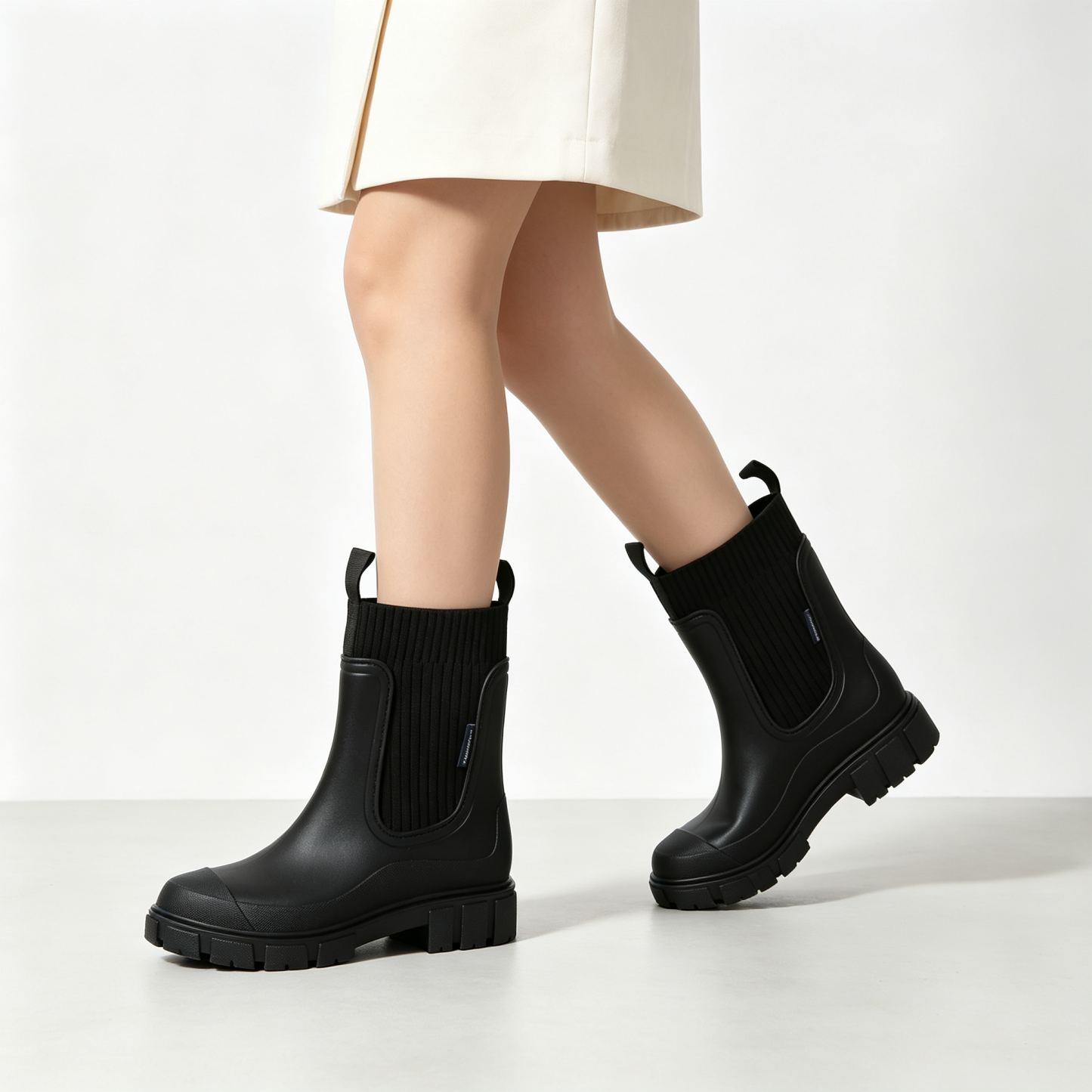Stylish Waterproof Chelsea Ankle Boots for Women, Knit Stretch Panel & Rugged Block Sole