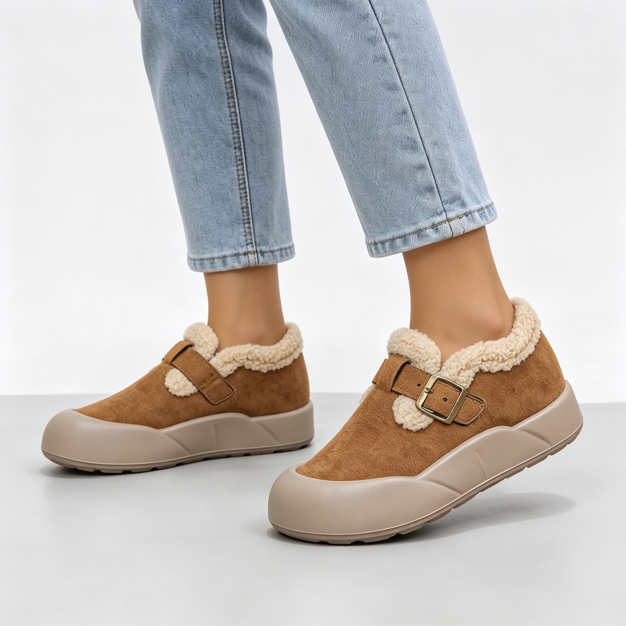 Women’s Fleece Lined Platform Loafers, Buckle Decor Warm Winter Slip On Shoes