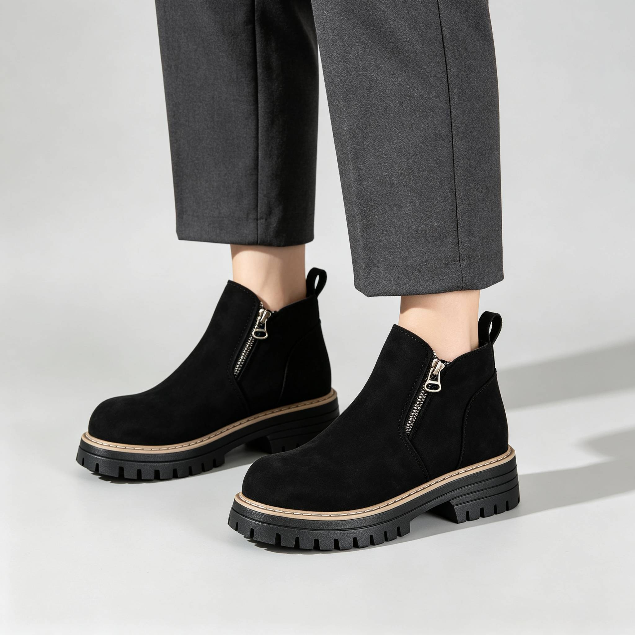 Minimalist Suede Side Zip Ankle Boots for Women | Beige Chunky Platform Sole Casual Short Boots