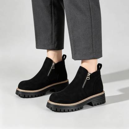 Minimalist Suede Side Zip Ankle Boots for Women | Beige Chunky Platform Sole Casual Short Boots