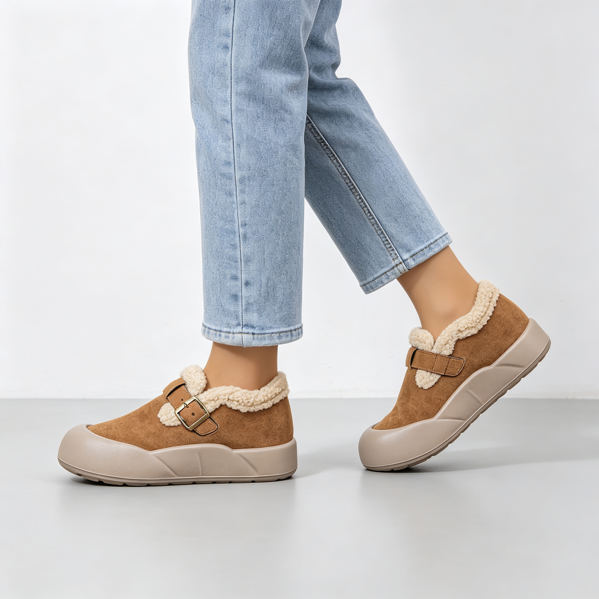 Women’s Fleece Lined Platform Loafers, Buckle Decor Warm Winter Slip On Shoes