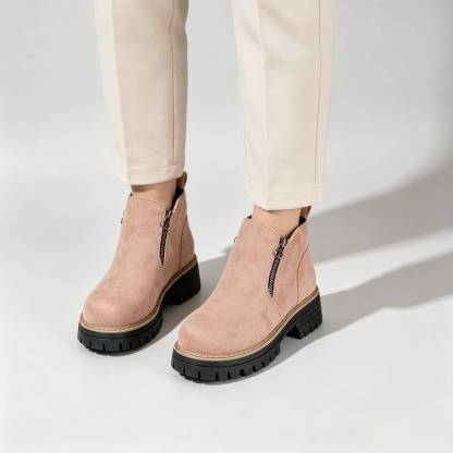 Minimalist Suede Side Zip Ankle Boots for Women | Beige Chunky Platform Sole Casual Short Boots