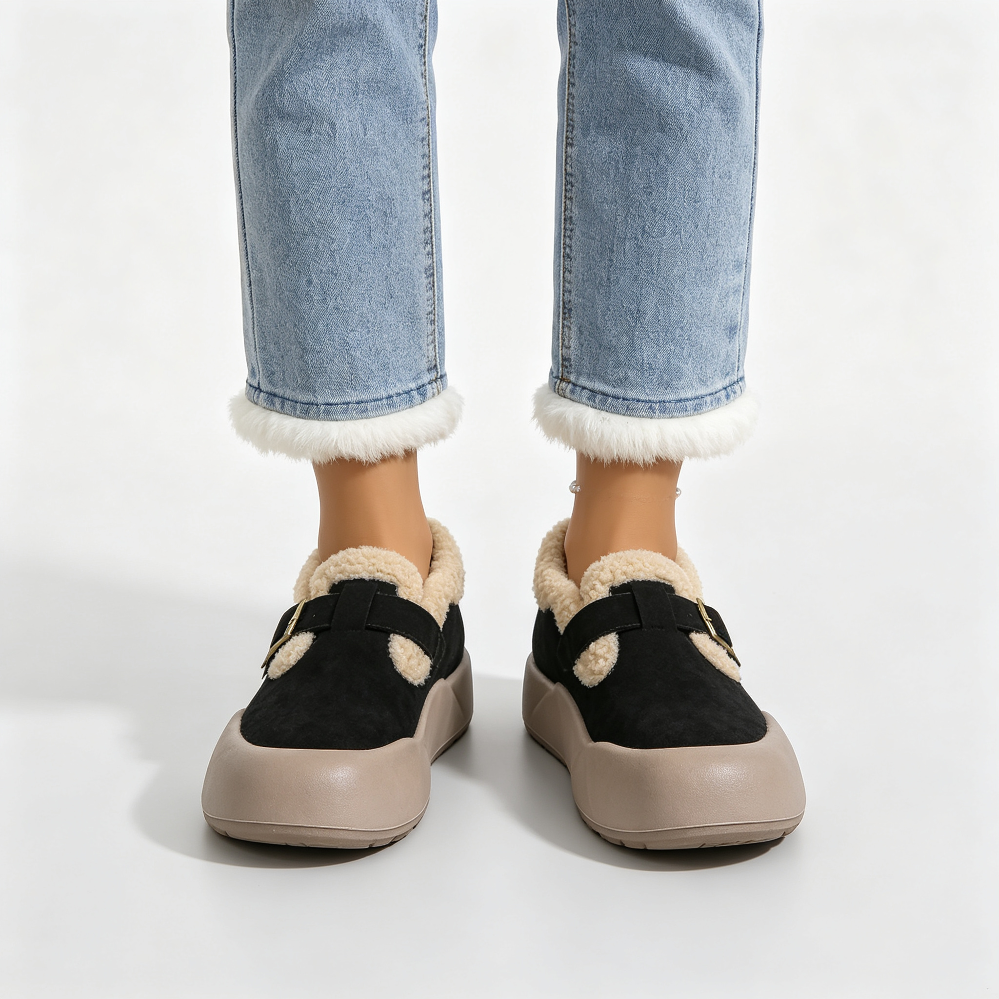 Women’s Fleece Lined Platform Loafers, Buckle Decor Warm Winter Slip On Shoes