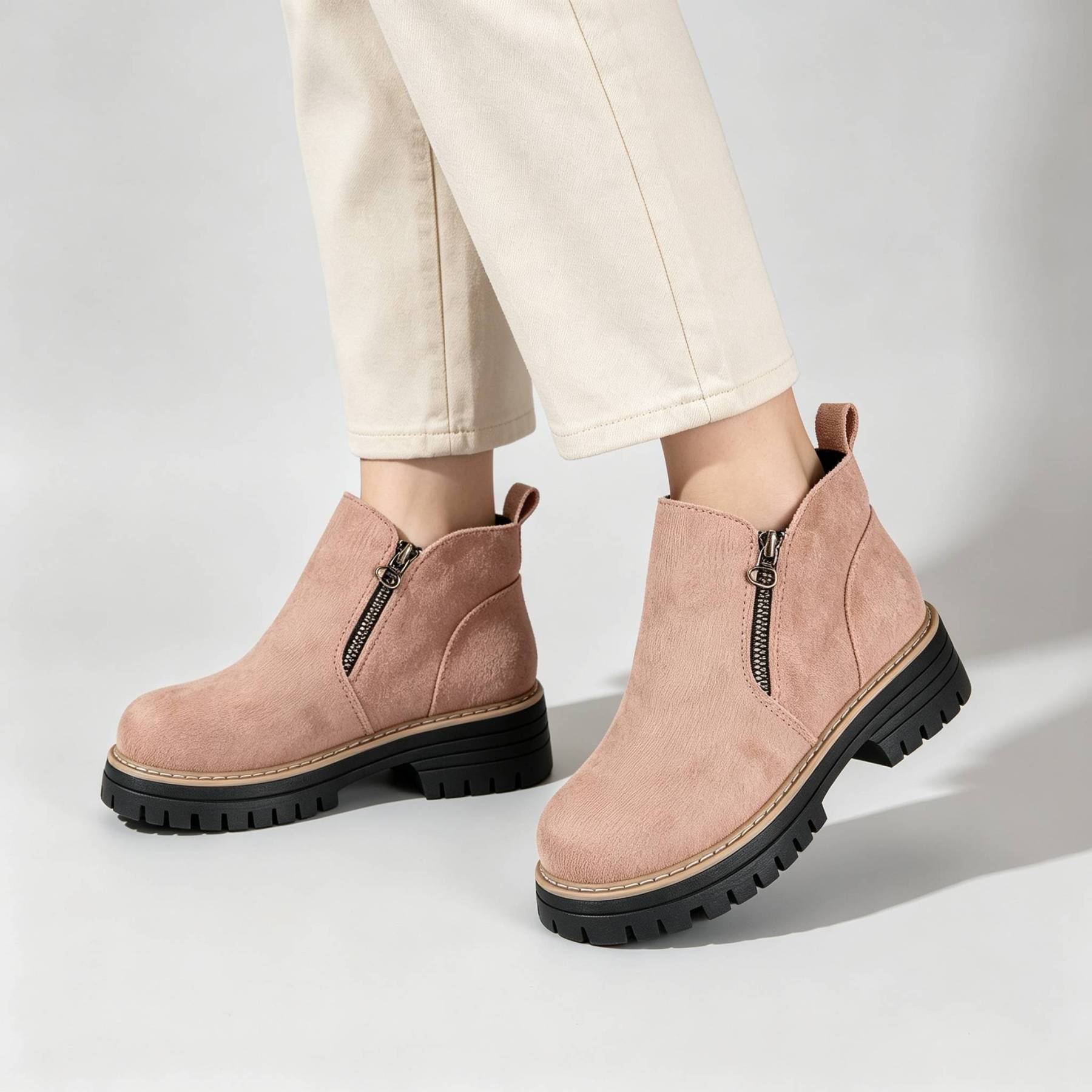 Minimalist Suede Side Zip Ankle Boots for Women | Beige Chunky Platform Sole Casual Short Boots