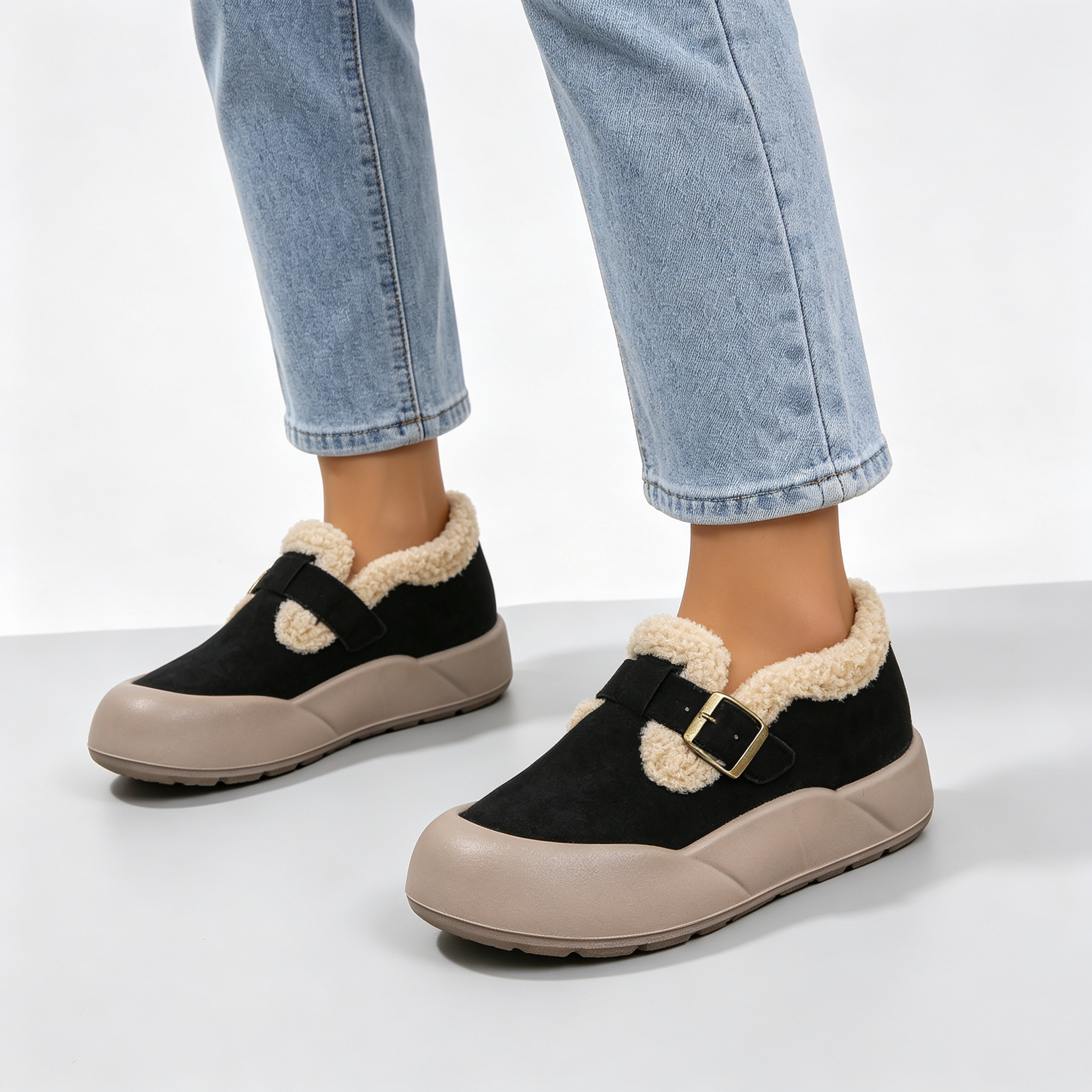 Women’s Fleece Lined Platform Loafers, Buckle Decor Warm Winter Slip On Shoes