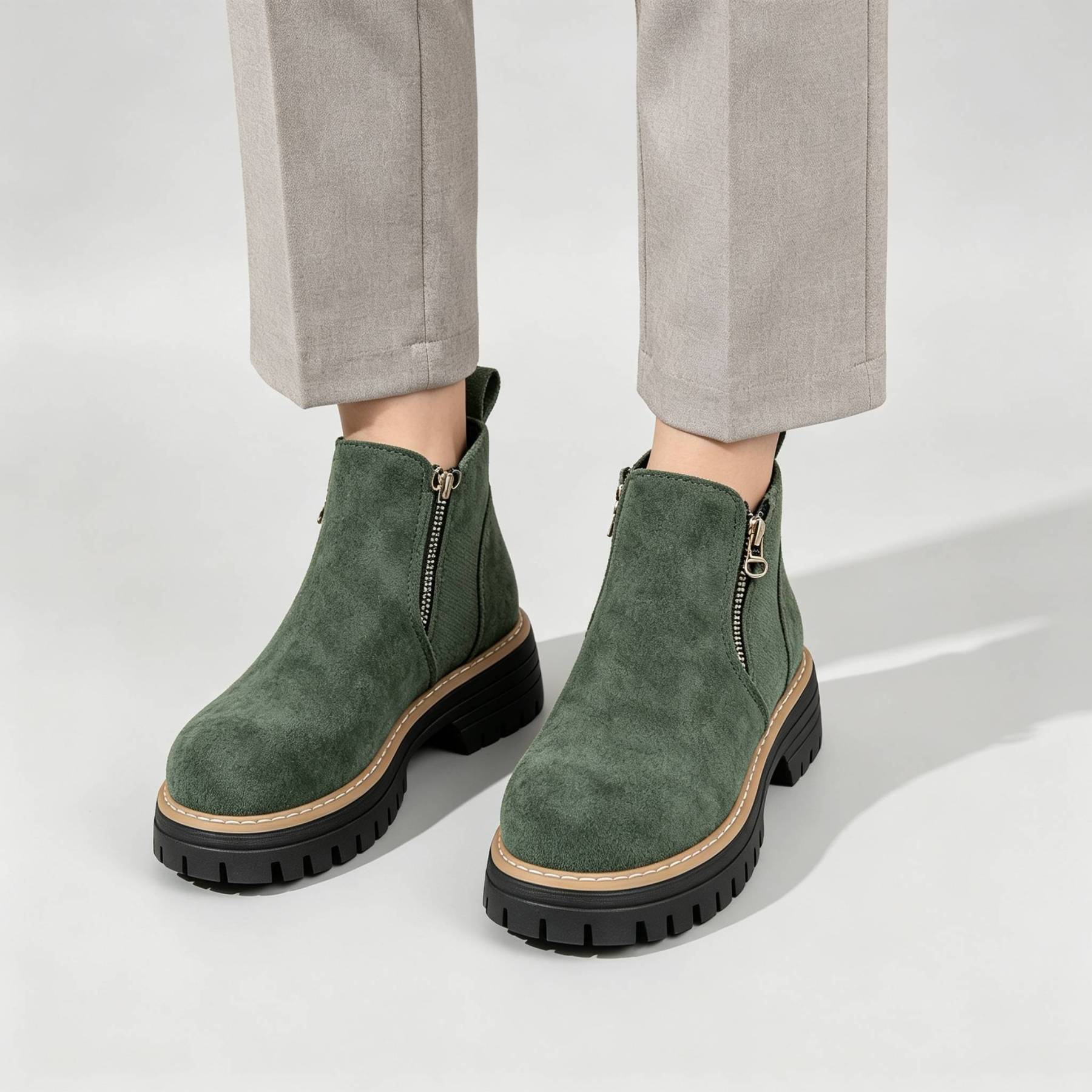Minimalist Suede Side Zip Ankle Boots for Women | Beige Chunky Platform Sole Casual Short Boots