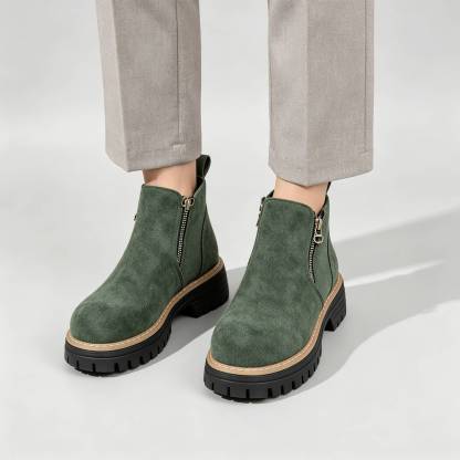Minimalist Suede Side Zip Ankle Boots for Women | Beige Chunky Platform Sole Casual Short Boots