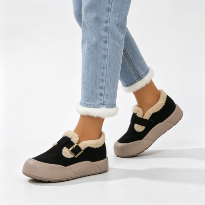 Women’s Fleece Lined Platform Loafers, Buckle Decor Warm Winter Slip On Shoes