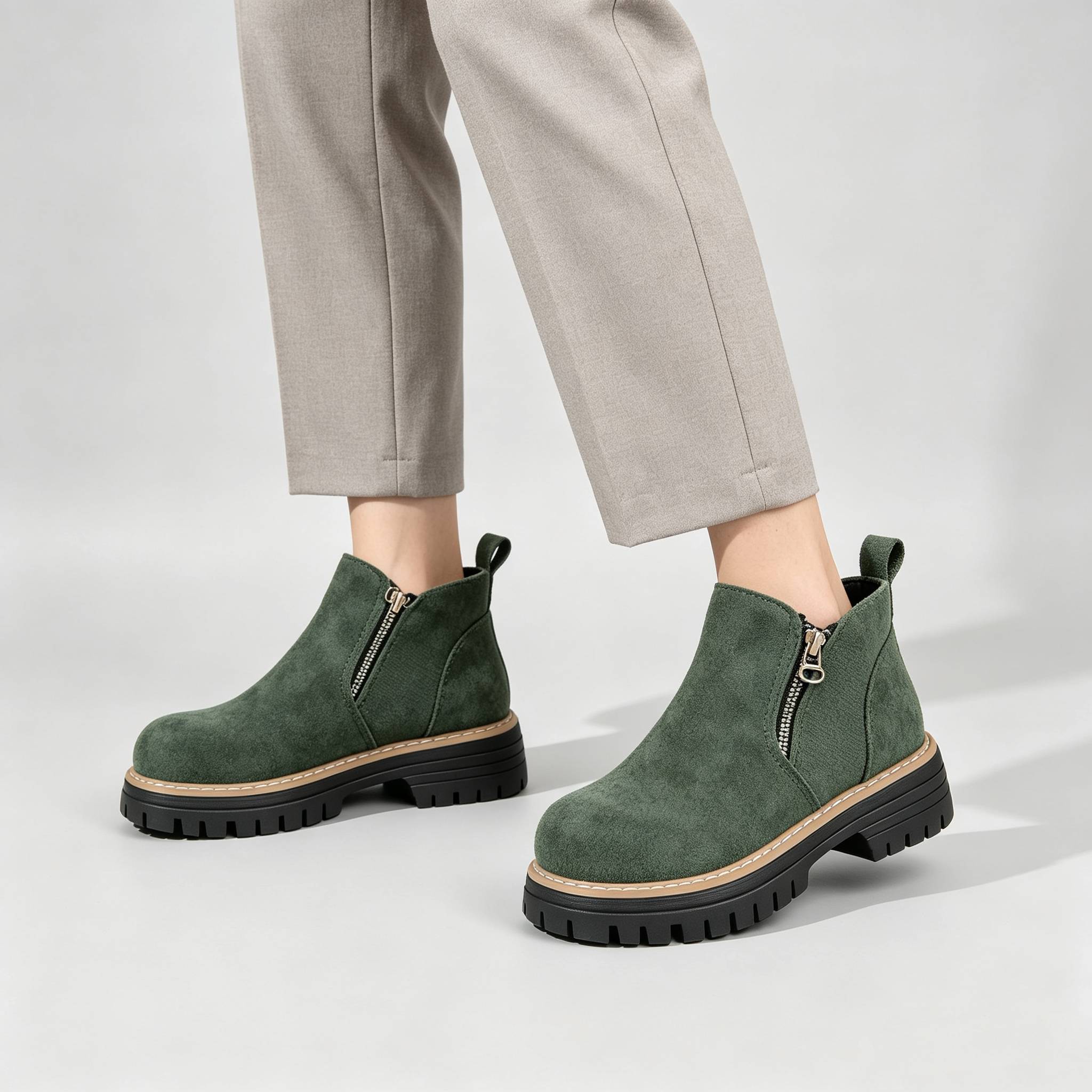 Minimalist Suede Side Zip Ankle Boots for Women | Beige Chunky Platform Sole Casual Short Boots