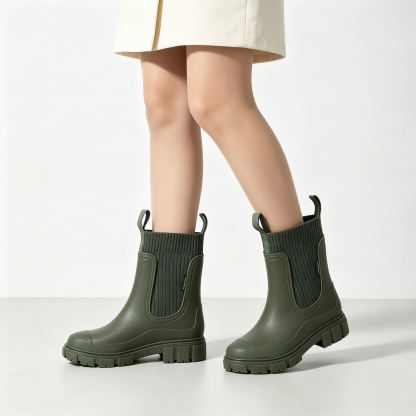 Stylish Waterproof Chelsea Ankle Boots for Women, Knit Stretch Panel & Rugged Block Sole