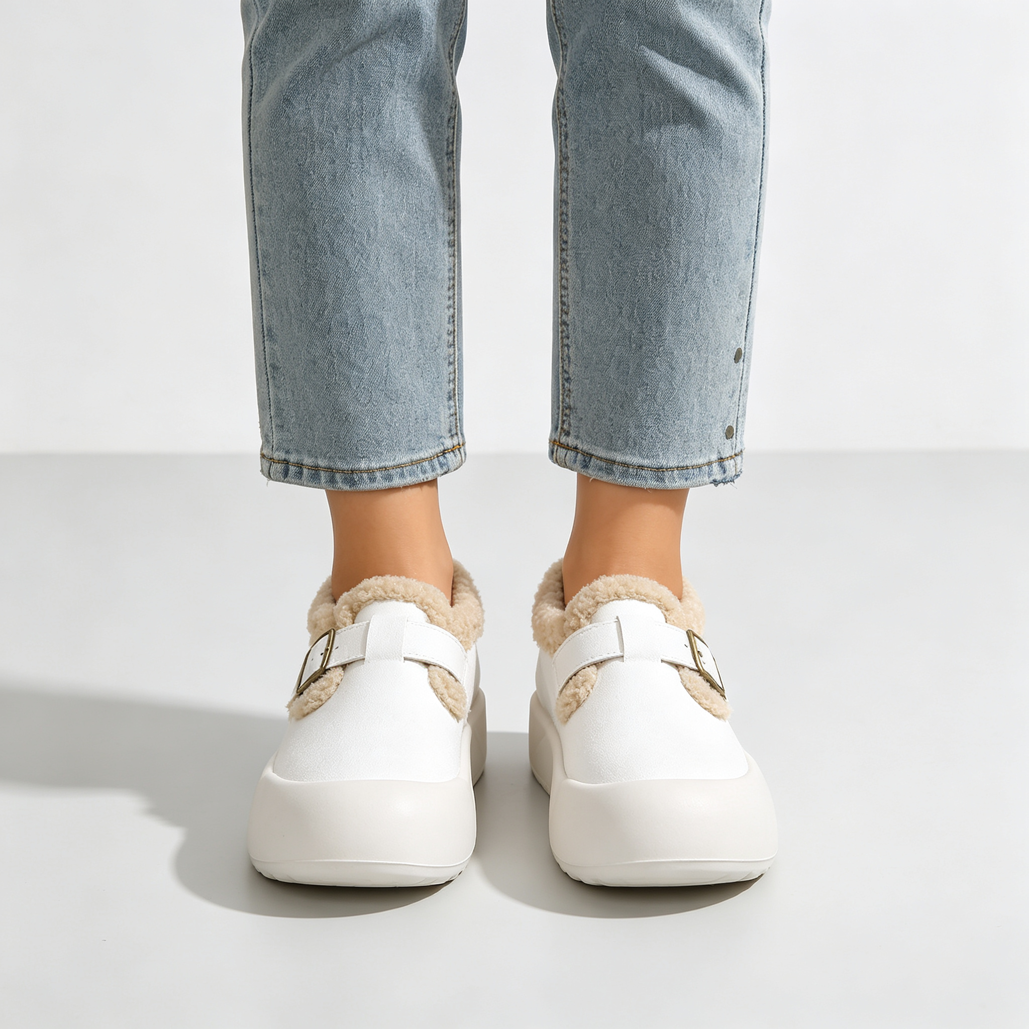 Women’s Fleece Lined Platform Loafers, Buckle Decor Warm Winter Slip On Shoes
