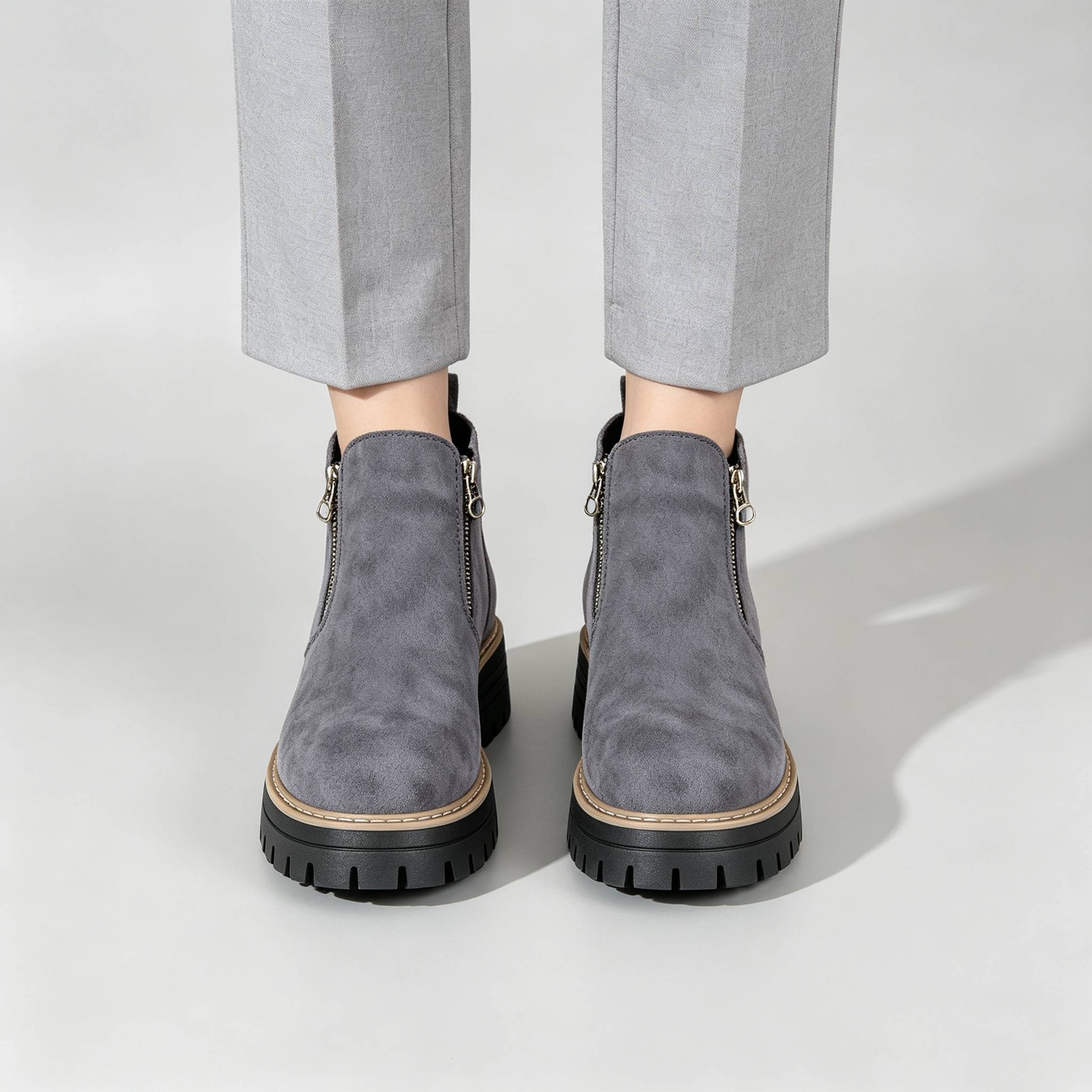 Minimalist Suede Side Zip Ankle Boots for Women | Beige Chunky Platform Sole Casual Short Boots