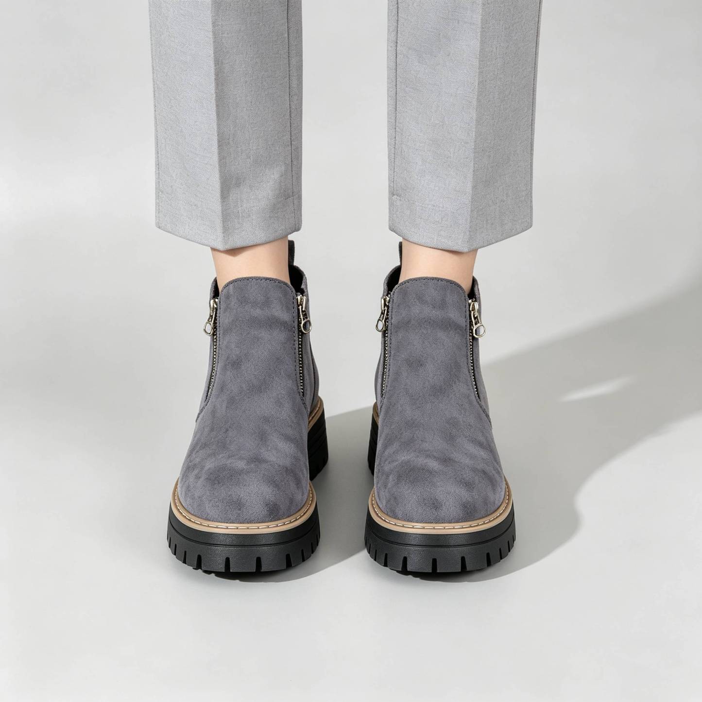 Minimalist Suede Side Zip Ankle Boots for Women | Beige Chunky Platform Sole Casual Short Boots