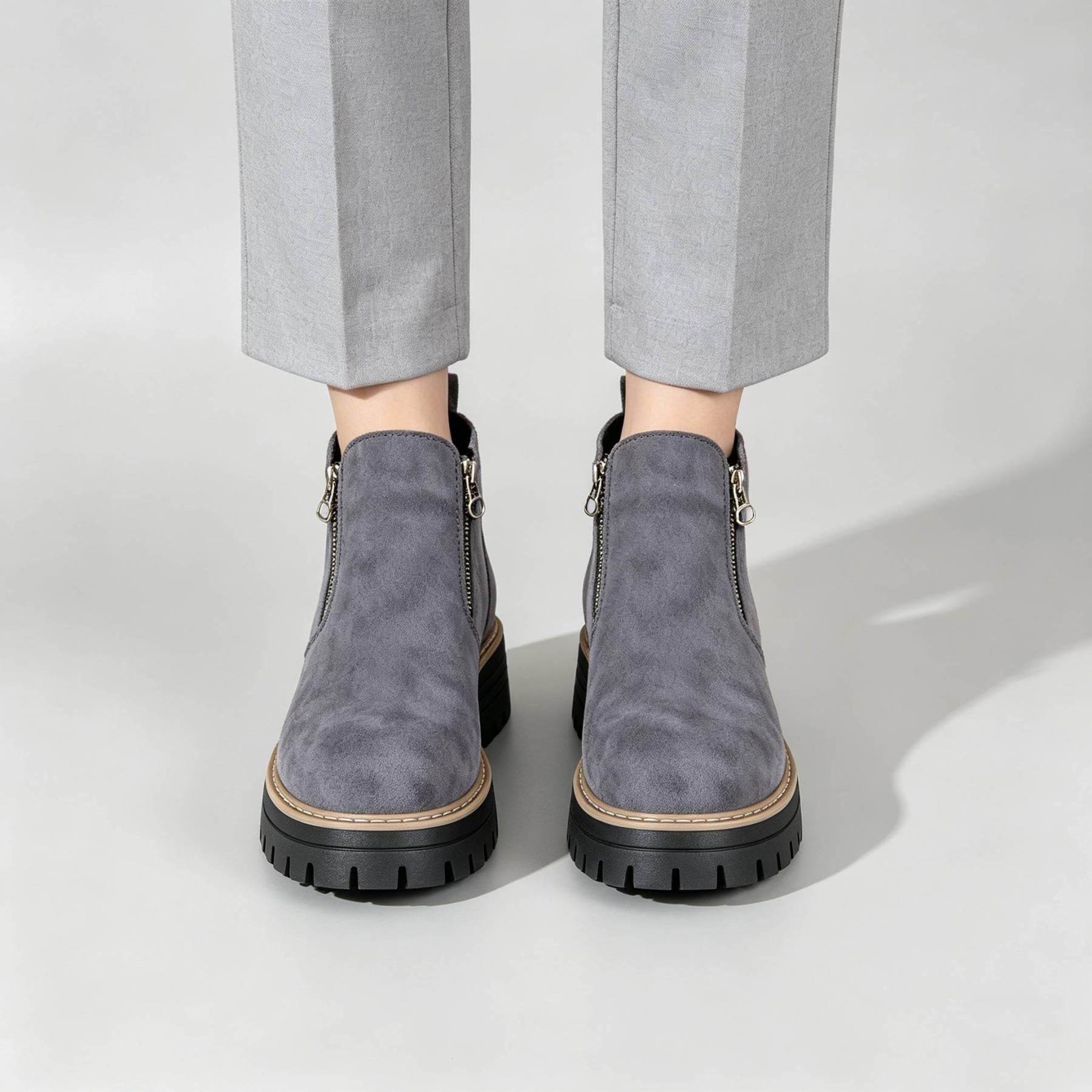 Minimalist Suede Side Zip Ankle Boots for Women | Beige Chunky Platform Sole Casual Short Boots