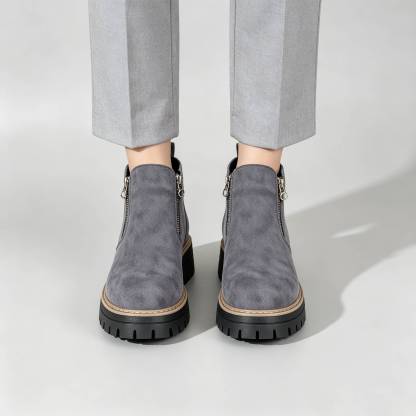 Minimalist Suede Side Zip Ankle Boots for Women | Beige Chunky Platform Sole Casual Short Boots